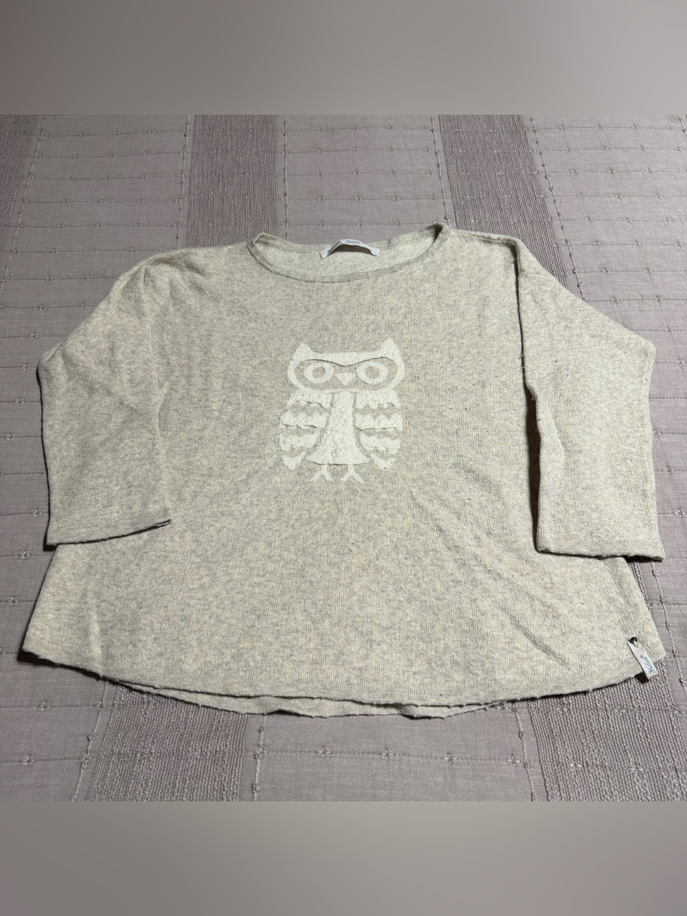 Woolrich Knit Crew Neck Pullover Sweater Beige Owl Graphic 3/4 Sleeve Large